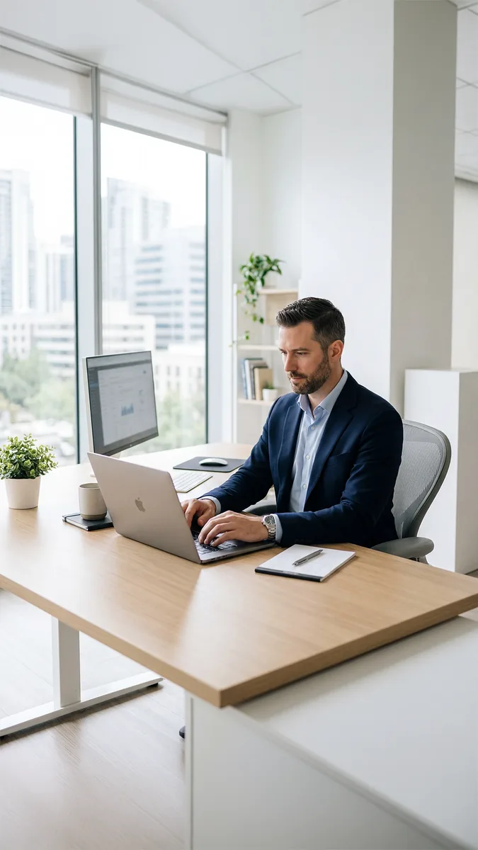 Mann im Anzug am Laptop vor Fensterfront – Businessfotografie Berlin