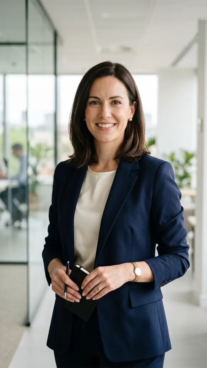 Frau im Blazer lacht in die Kamera – Businessporträt Berlin